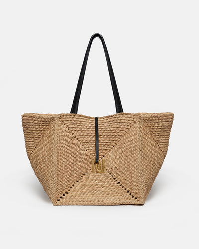 Origami Tote Large - Raffia Charm Tote - Natural/Black
