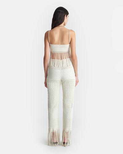 Miciel - Fringed Woven Seersucker Pants - Creme