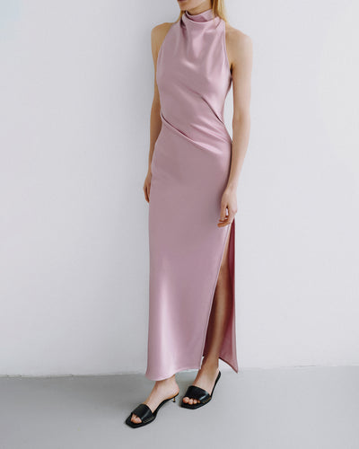 Peregrine - Cowl-Neck Satin Midi Dress - Dusty Pink