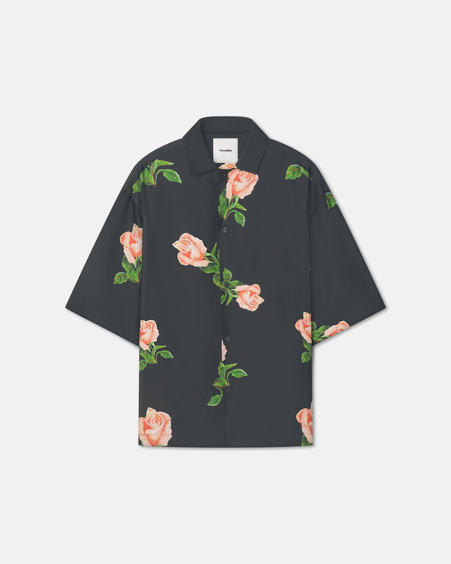 Anwel - Printed Silk Twill Shirt - Black/Roses