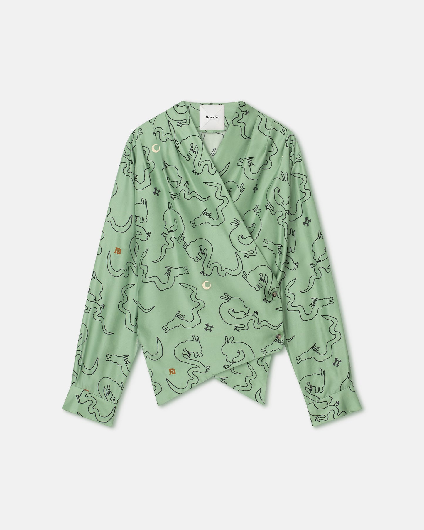 Tebbe - Draped Twill Silk Shirt - Green-Aquarelle Dragon Print