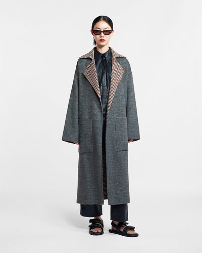 Alamo - Wool Silk Blend Robe Coat - Reversible Check