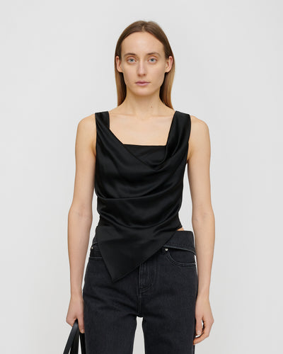Petra - Sleeveless Draped Slip Satin Top - Black