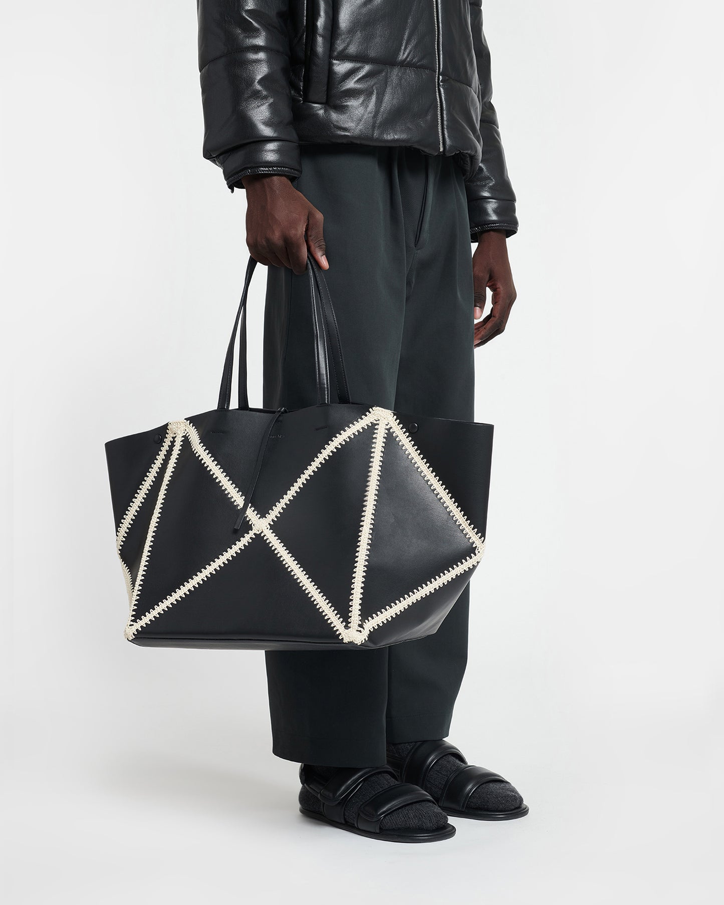 Origami Tote Large - Alt-Nappa Crochet Tote - Black/Crème