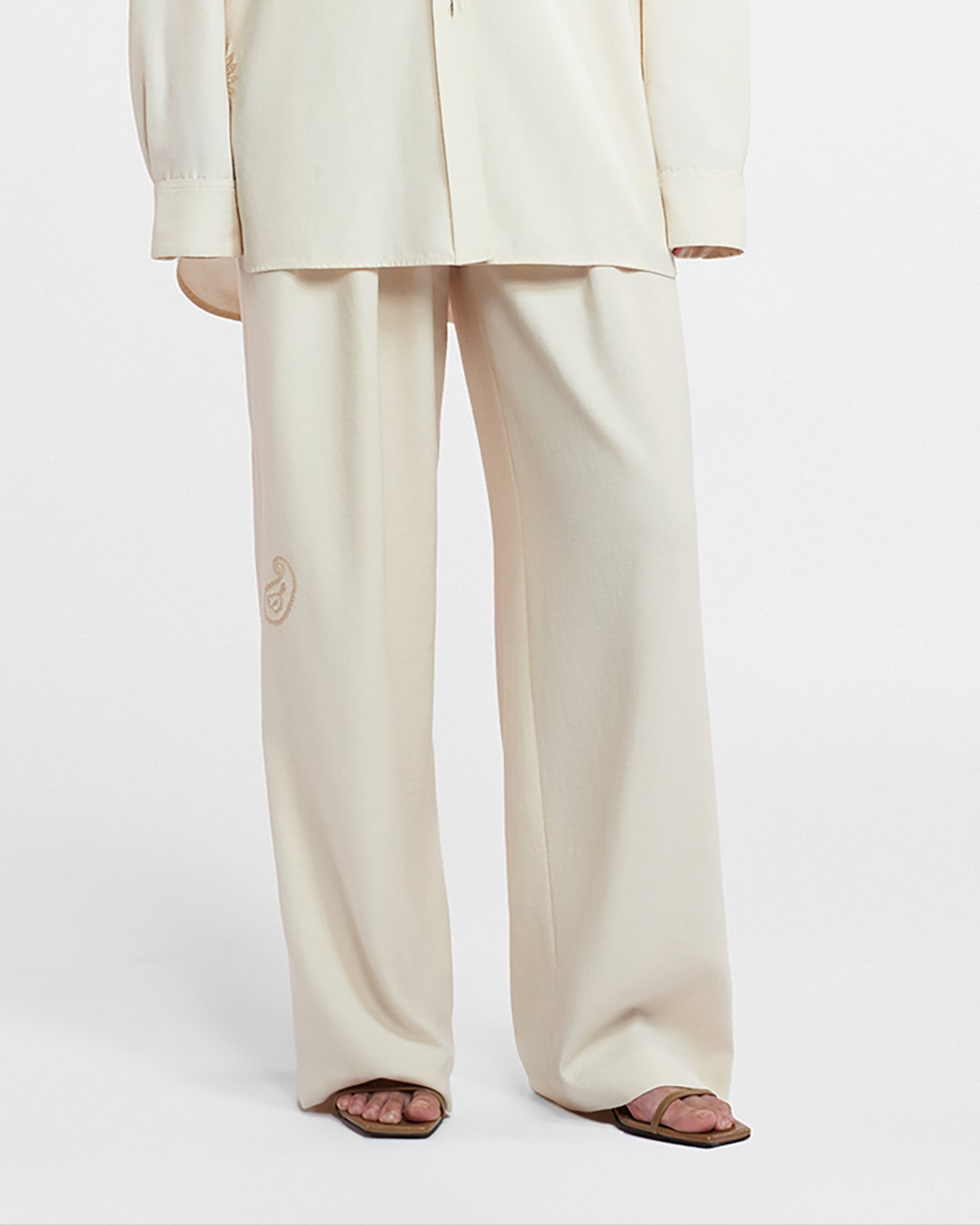 Marika - Embroidered Slub Pants - Creme