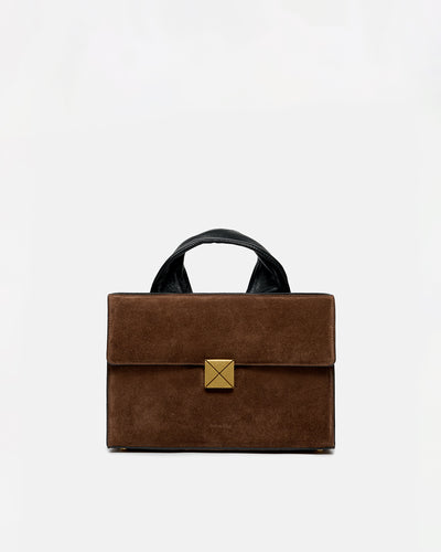 Sandi Lock - Suede Top Handle Bag - Dark Brown