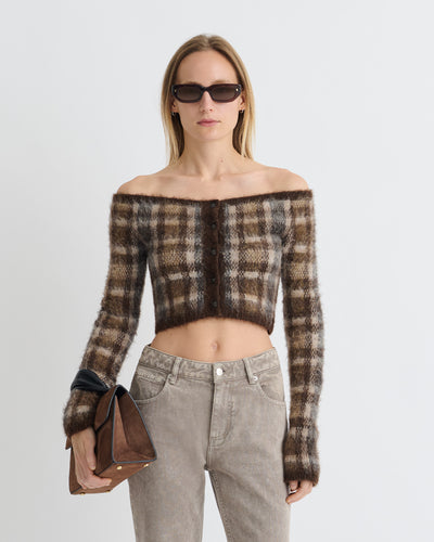 Liliah - Brushed Alpaca Cardigan - Brown/Creme Check