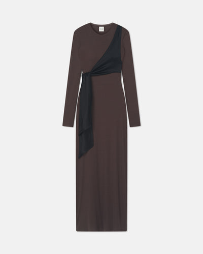Yura - Mesh Jersey/Slip Satin Long Dress - Dark Oak/Black