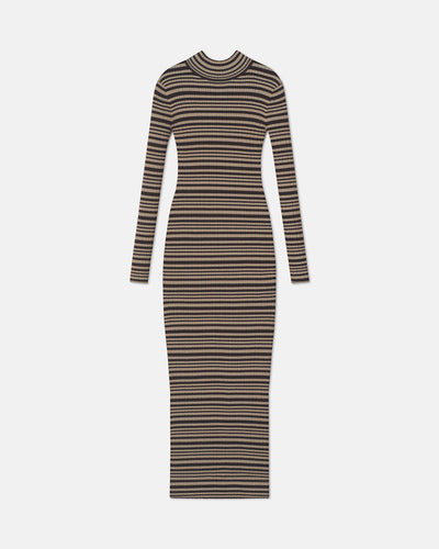 Mirell - Fine Merino Rib Long Dress - Black/Brown/Green Stripe