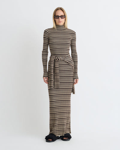 Mirell - Fine Merino Rib Long Dress - Black/Brown/Green Stripe