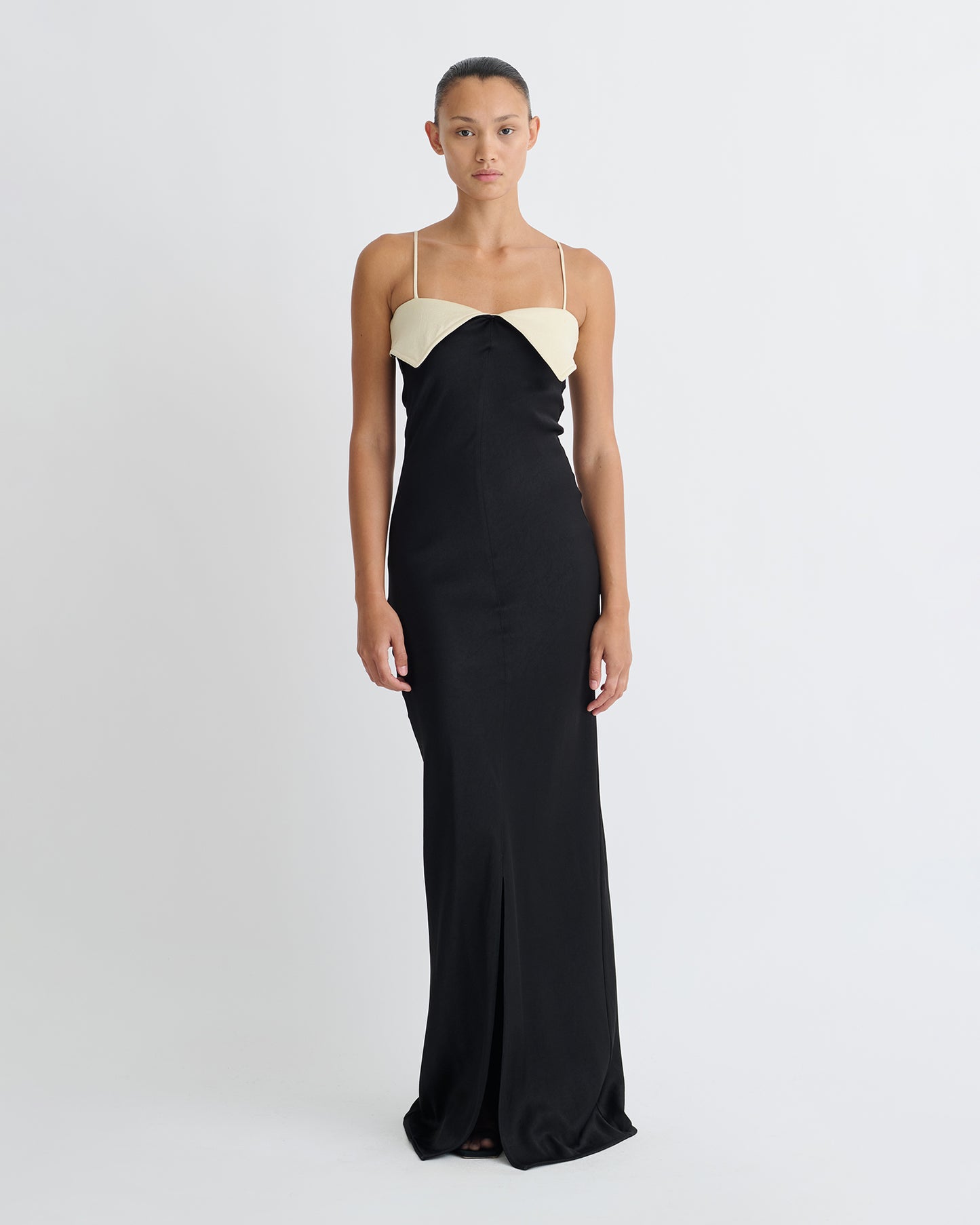 Nelma - Crisp Satin Dress - Black/Ecru
