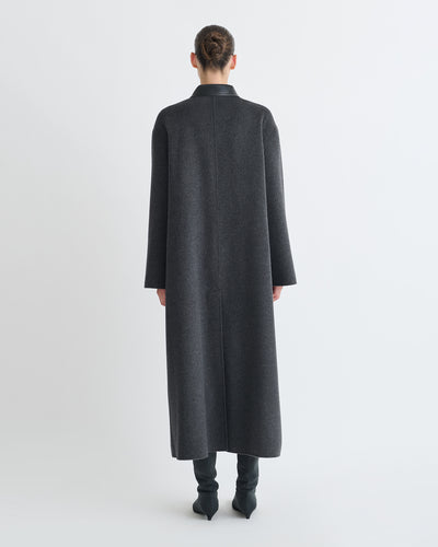 Rowina - Double Wool/Regen Leather Coat - Grey Melange/Black