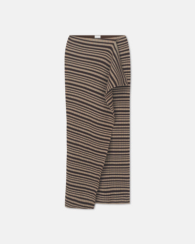 Nitsa - Fine Merino Rib Mid-Length Skirt - Black/Brown/Green Stripe