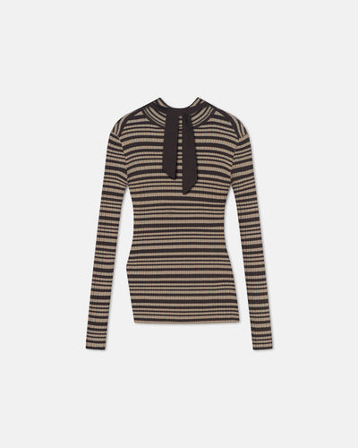 Arella - Fine Merino Rib Long Sleeved Top - Black/Brown/Green Stripe