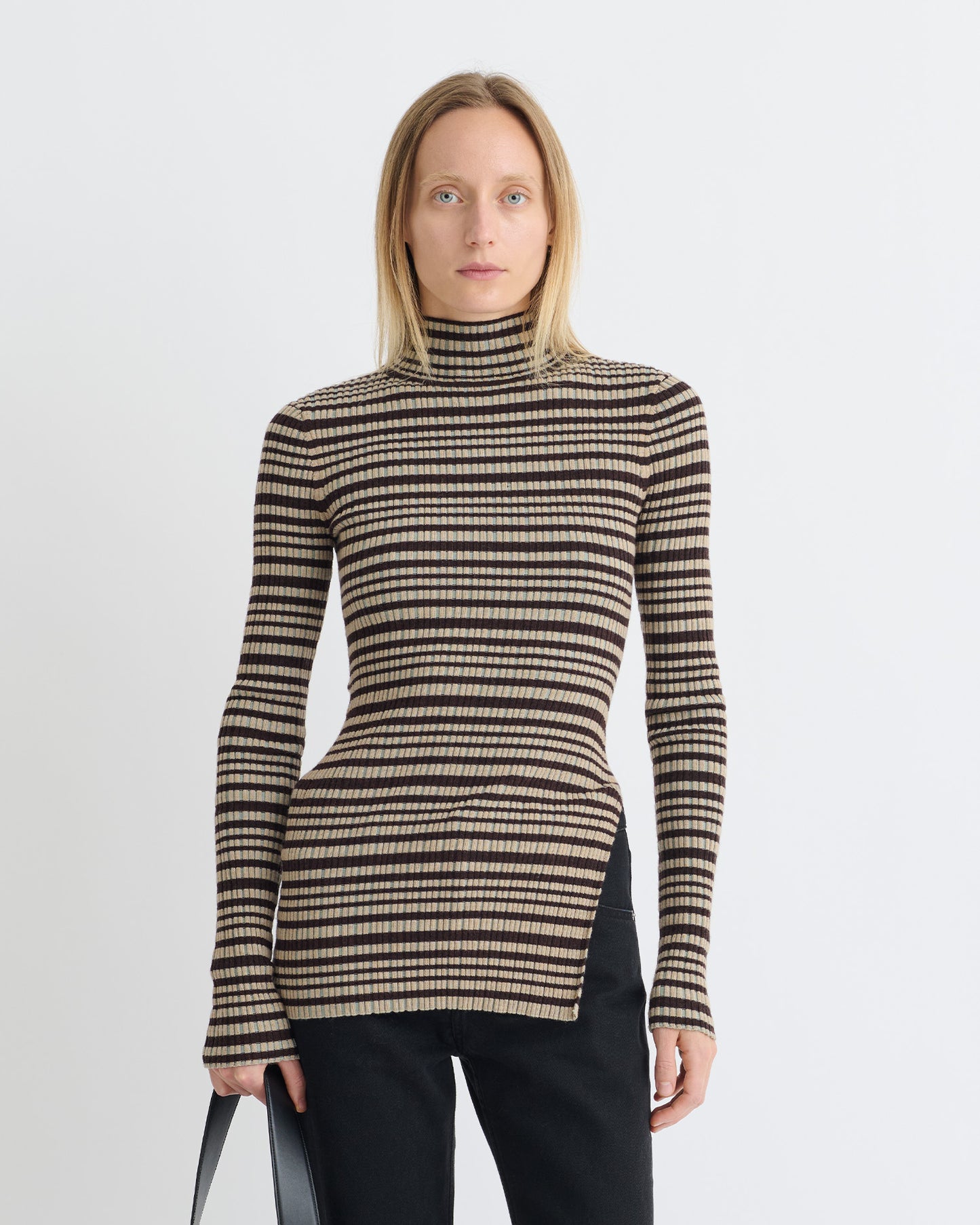 Arella - Fine Merino Rib Long Sleeved Top - Black/Brown/Green Stripe