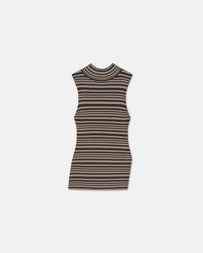 Liezel - Fine Merino Rib Sleeveless Top - Black/Brown/Green Stripe