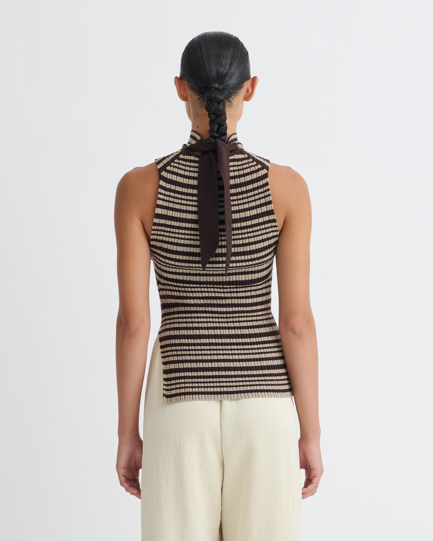 Liezel - Fine Merino Rib Sleeveless Top - Black/Brown/Green Stripe