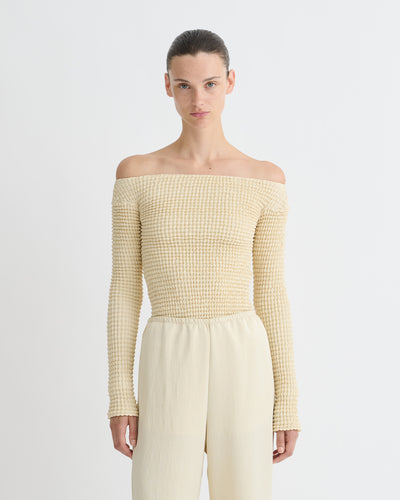 Elita - Ruched Glass Poplin Long Sleeved Tops - Oat