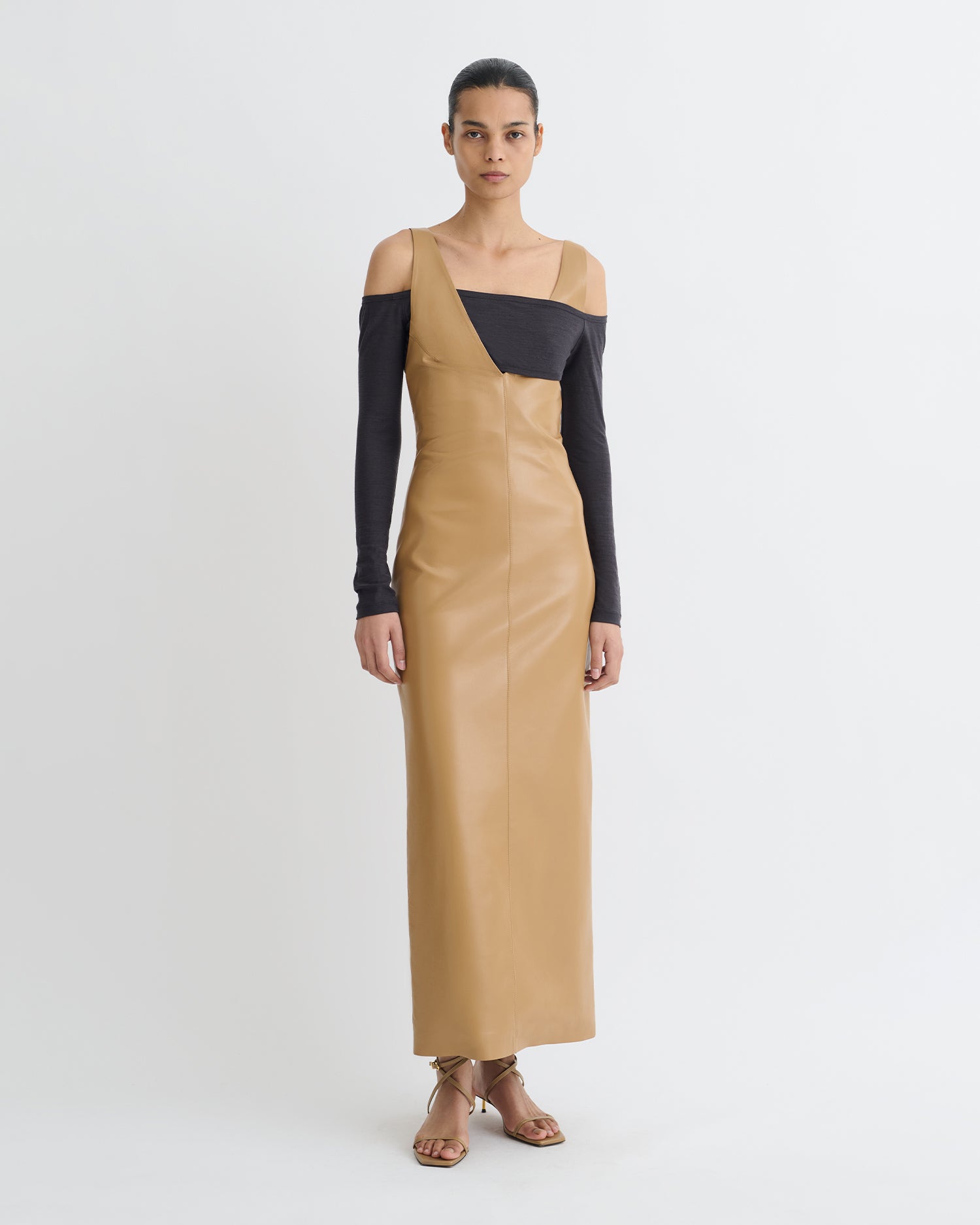 Ferriti - Okobor Alt-Leather Midi Dress - Oak/Grey Nanushka Ferriti - Okobor Alt-Leather Midi Dress - Oak/Grey Nanushka