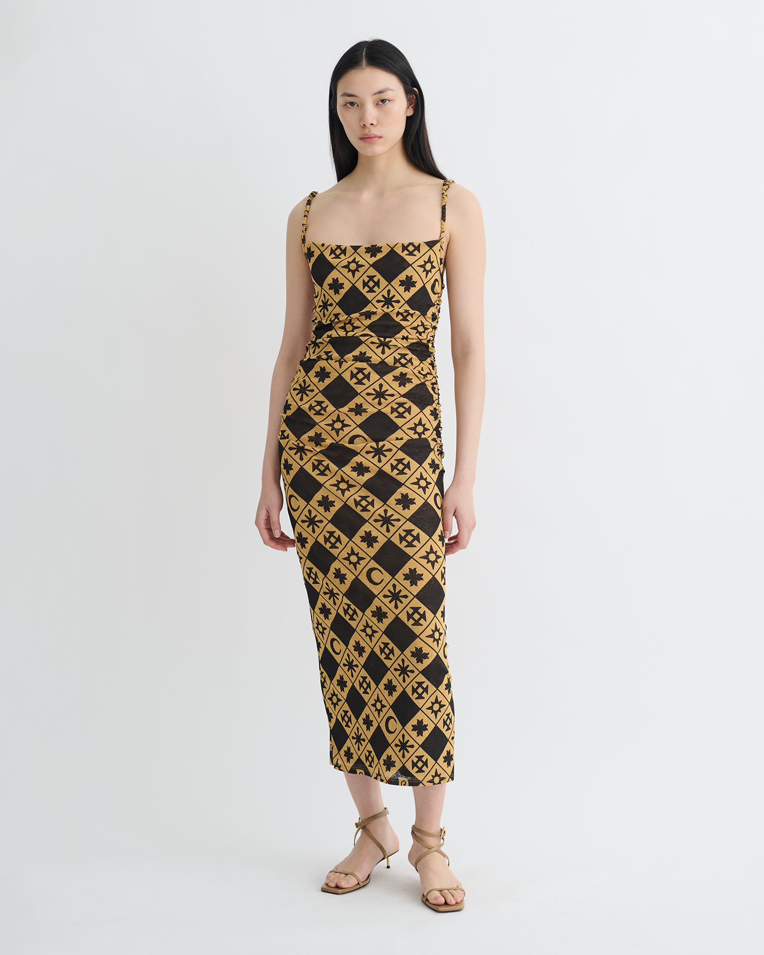 Alexa - Printed Mesh Jersey Midi Dress - Symbol Tile Oak - NANUSHKA Alexa - Printed Mesh Jersey Midi Dress - Symbol Tile Oak - NANUSHKA