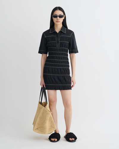 Nomia - Smocked Glass Poplin Mini Dress - Black