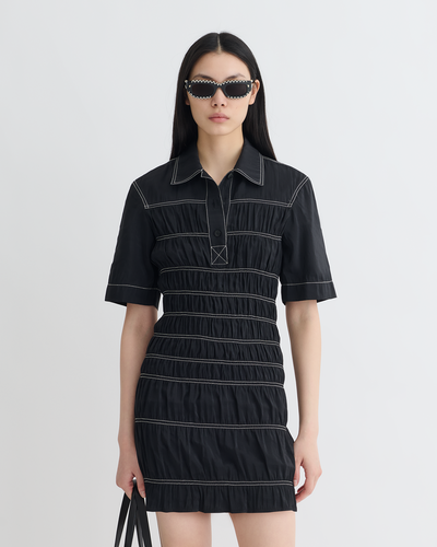 Nomia - Smocked Glass Poplin Mini Dress - Black
