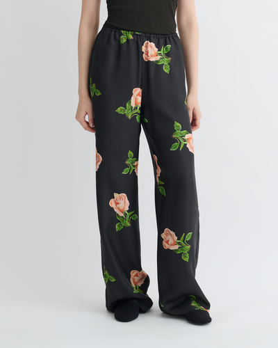Arvenn - Printed Silk Twill Pants - Off Black/Roses