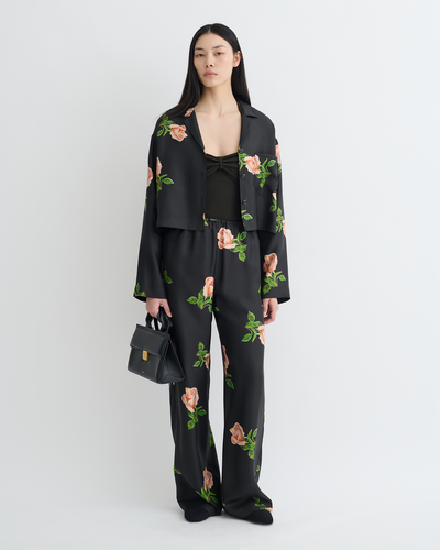 Vally - Cropped Silk Twill Shirt - Off Black/Roses