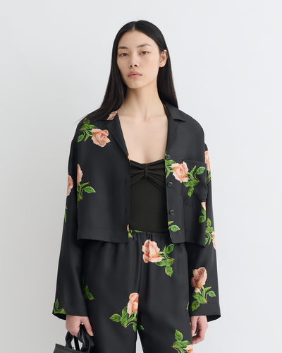 Vally - Cropped Silk Twill Shirt - Off Black/Roses