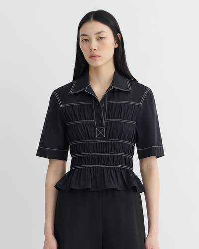 Nairi - Smocked Glass Poplin Shirt - Black