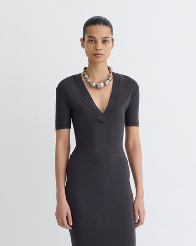 Akka - Wool Jersey Henley Top - Grey