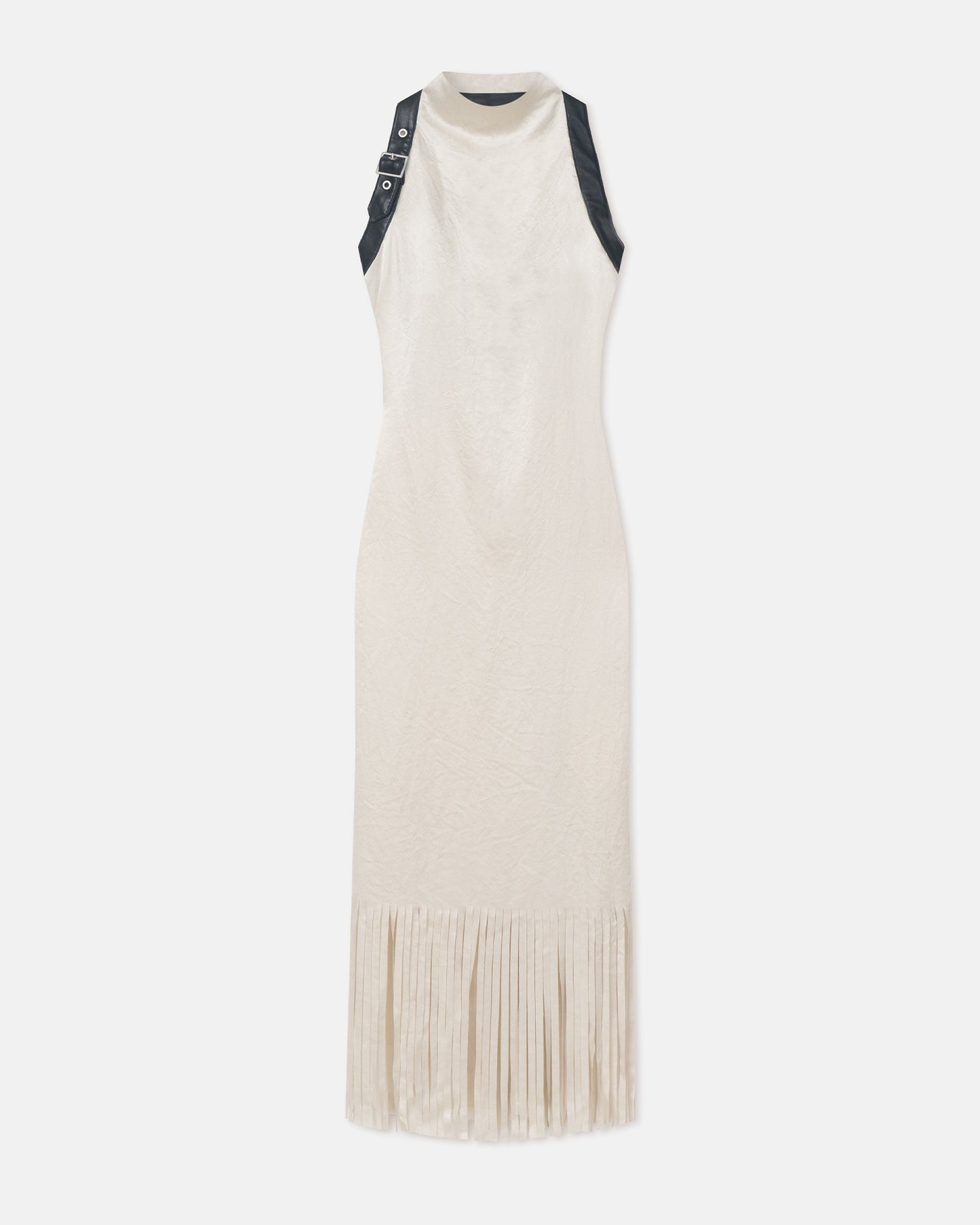 Miruna - Fringed Crinkled Satin Midi Dress - Ecru