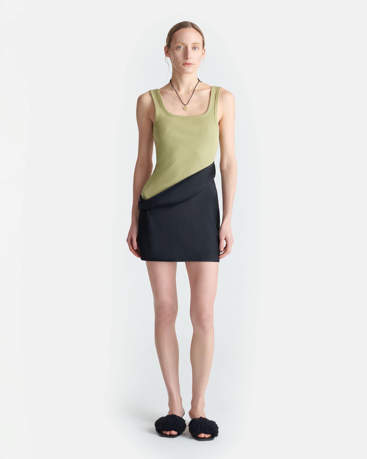 Marijn - Ribbed Jersey and Slip Satin Dress - Black/Olive Marijn - Ribbed Jersey and Slip Satin Dress - Black/Olive