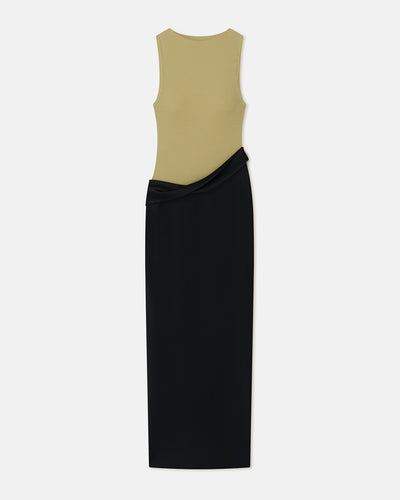 Cobee - Ribbed Jersey and Slip Satin Dress - Black/Olive Green