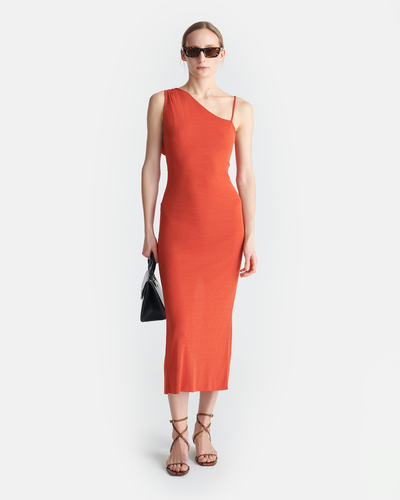 Sigita - Asymmetric Mesh Jersey Midi Dress - Red Orange