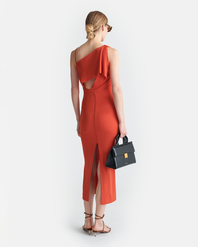 Sigita - Asymmetric Mesh Jersey Midi Dress - Red Orange