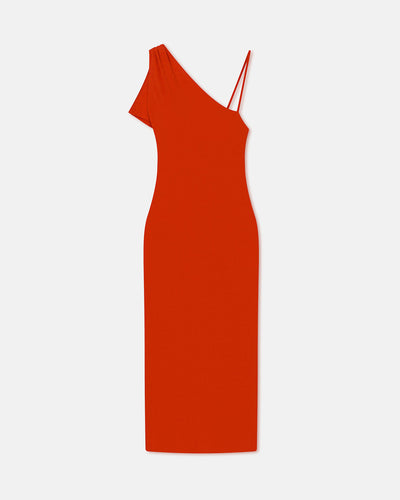 Sigita - Asymmetric Mesh Jersey Midi Dress - Red Orange
