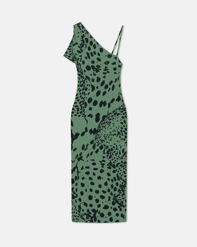 Sigita - Asymmetric Mesh Jersey Midi Dress - Cheetah Green