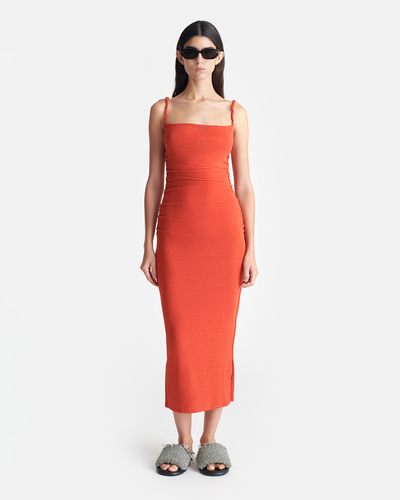 Alexa - Mesh Jersey Midi Dress - Red Orange