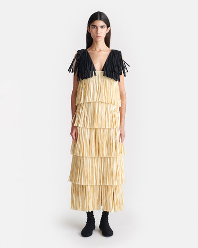 Uxia - Fringed Midi Dress - Creme/Off Black