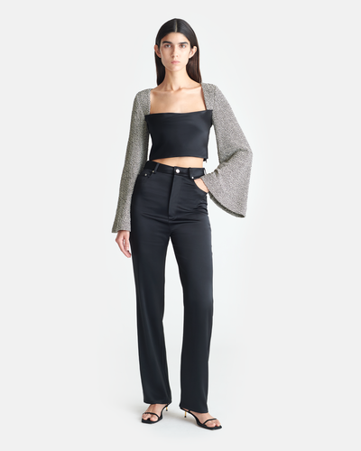 Tasula - Slip Satin and Loopback Cotton Top - Black/Mouline