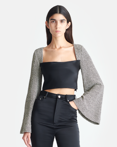 Tasula - Slip Satin and Loopback Cotton Top - Black/Mouline