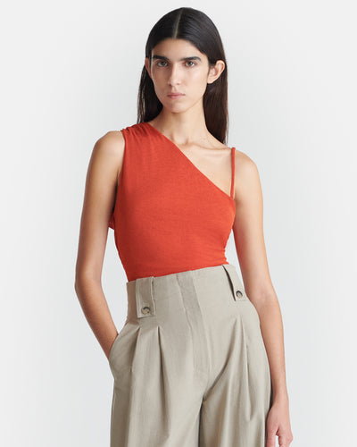 Milda - Asymmetric Mesh Jersey Top - Red Orange