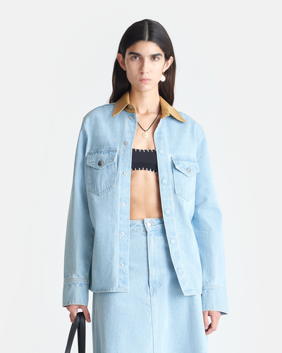 Letisa - Leather-Trimmed Denim Shirt - Eco Bleach/Hazel