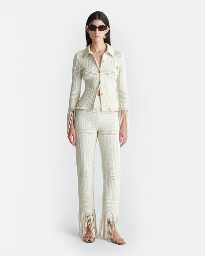 Niceta - Fringed Woven Seersucker Shirt - Creme