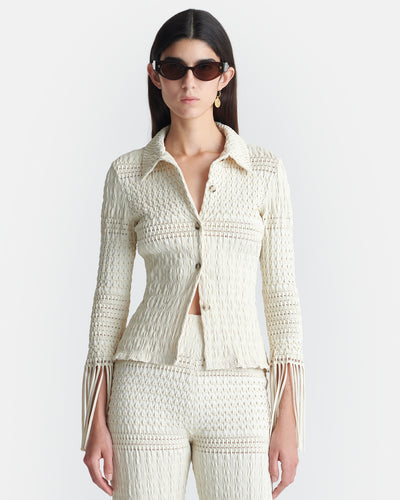 Niceta - Fringed Woven Seersucker Shirt - Creme