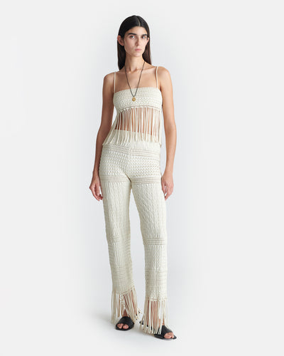 Mariz - Fringed Woven Seersucker Top - Creme