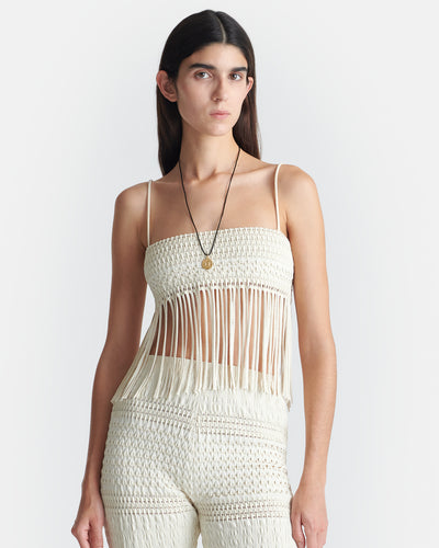 Mariz - Fringed Woven Seersucker Top - Creme