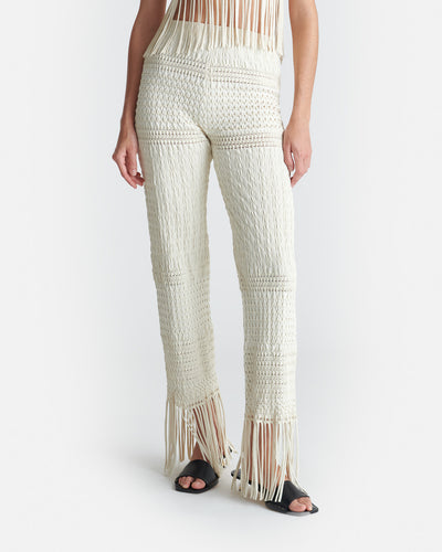 Miciel - Fringed Woven Seersucker Pants - Creme