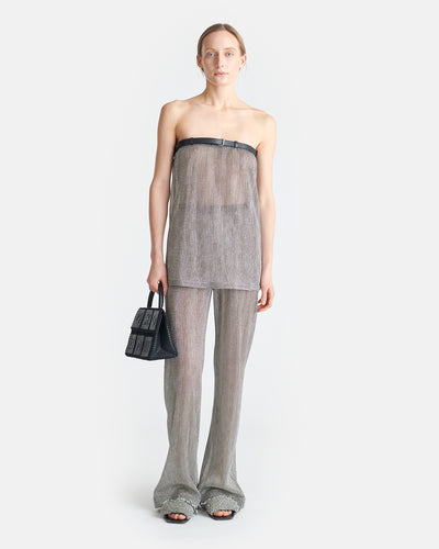 Gilma - Leather-Trimmed Metallic Top - Silver/Black